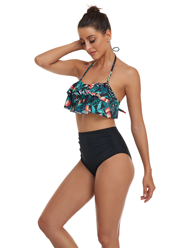 Floral Printed Falbala High-Waisted Bikini Swimwear