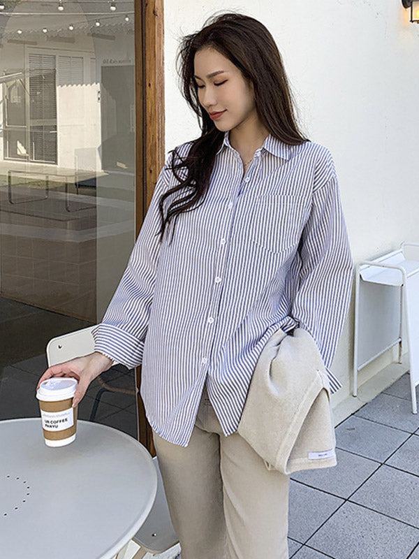 Simple Striped Buttoned Lapel High-Low Long Sleeves Blouse Tops