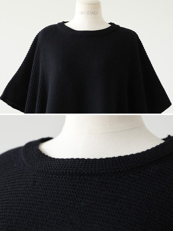 Casual Solid Color Round-Neck Half Sleeves Knitted Sweater Cape Top