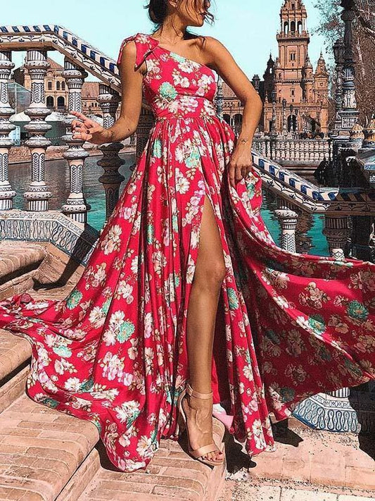 Bohemia Floral One-Shoulder Split Maxi Dress