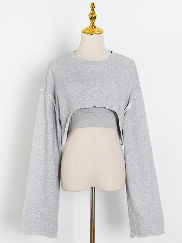 Stylish Solid Color Long Sleeve Cropped Sweatershirt+Wide-Leg Pants Three-Piece Suit