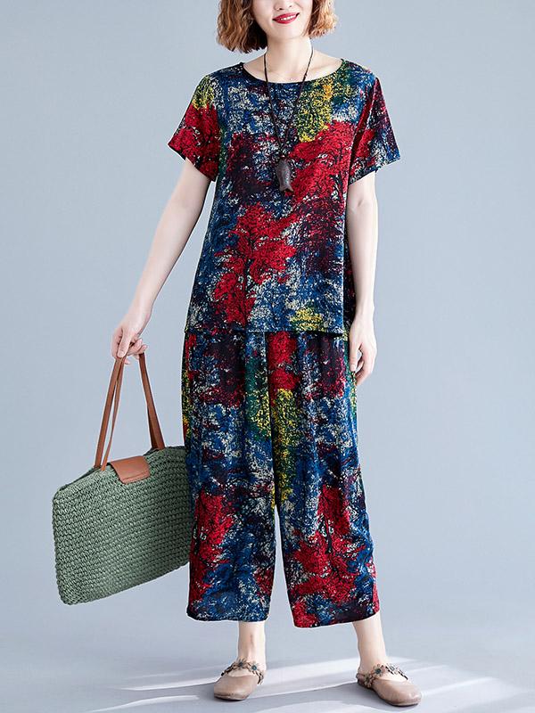 Loose Printed T-Shirt + Harem Pants Suit