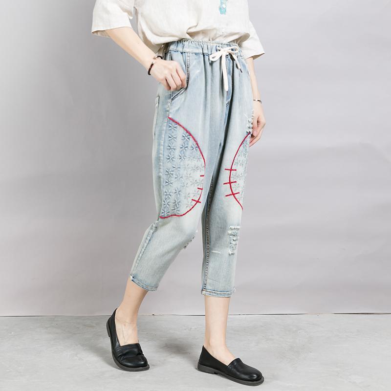 Casual Frayed Embroidery Drawstring Loose Jeans