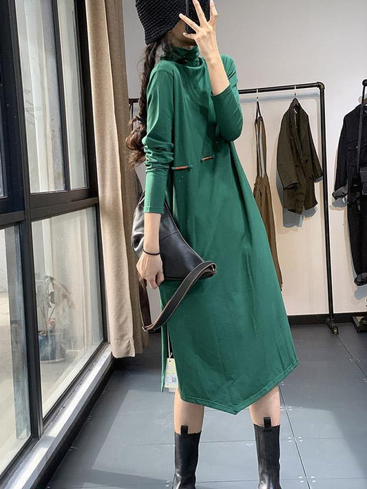 Artistic Retro Buckle Long Sleeve Dress