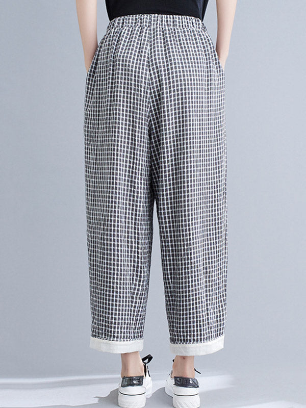 Vintage Ramie Cotton Plaid Drawstring Pants