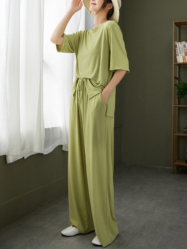 Casual Loose Solid Color Round-Neck Half Sleeves T-Shirt&Drawstring Pleated Wide Legs Pants 2 Pieces Set