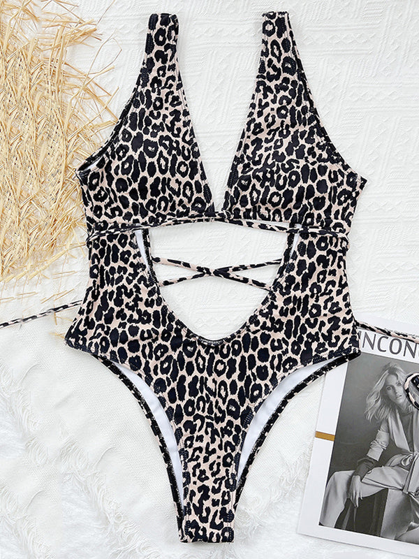 Backless Bandage Leopard Printed One-Piece Swimsuit