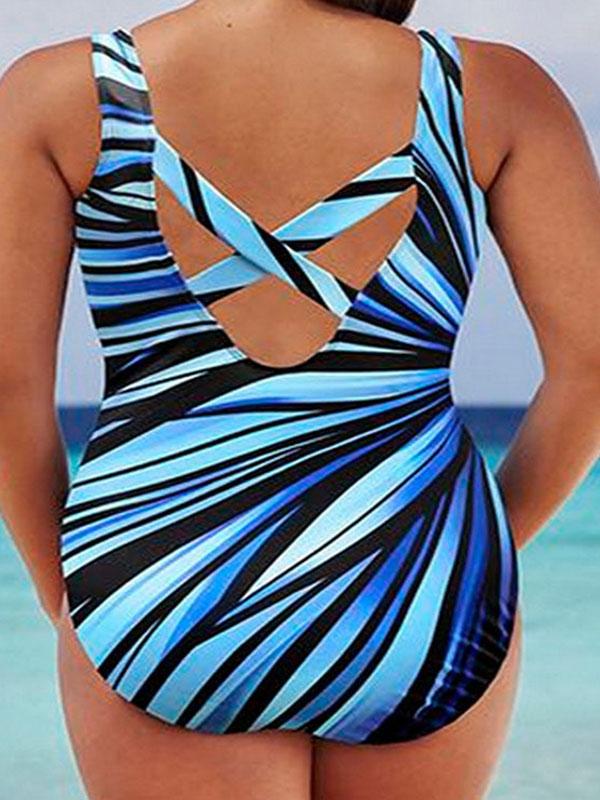 Plus Size Printed Striped One-piece Swimwear