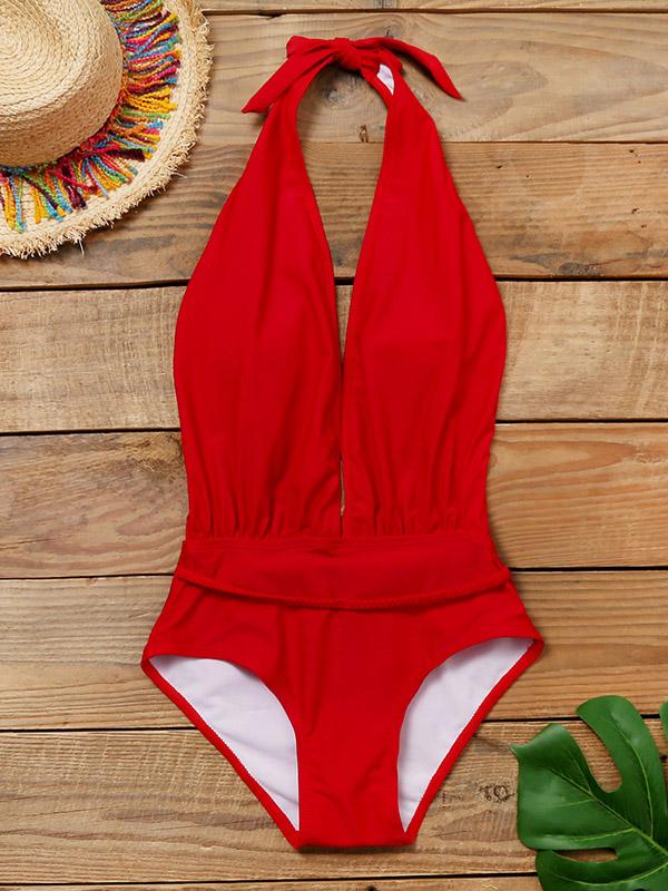 Deep V-Neck Bandage One-Piece Swimwear