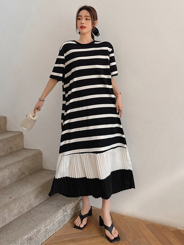 Original Split-Joint Pleats&Stripe Round-Neck Short Sleeve Midi Dress