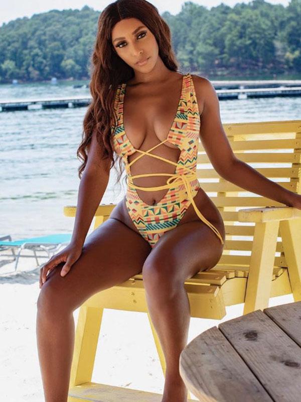 Sexy Deep V-Neck  Mosaic Printing Hollow Bandage Swimwear