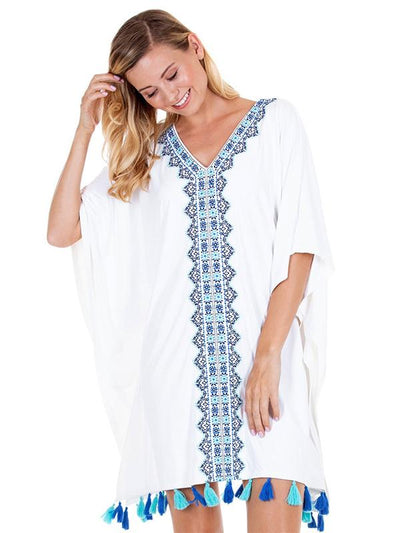 Printed Batwing Sleeves Tasseled Cover-up