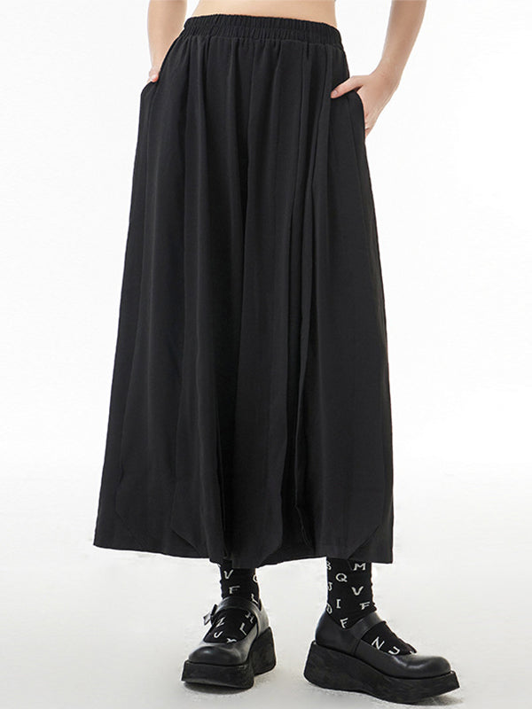 Casual Elasticity Waisted Solid Color Wide Leg Pleated Pants