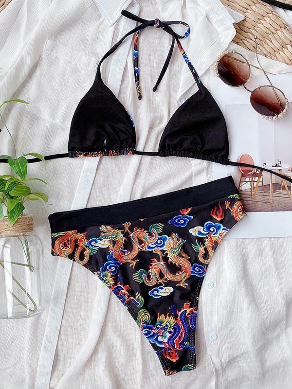 Asymmetric  Floral-Print Triangles Split Bikini Swimsuit