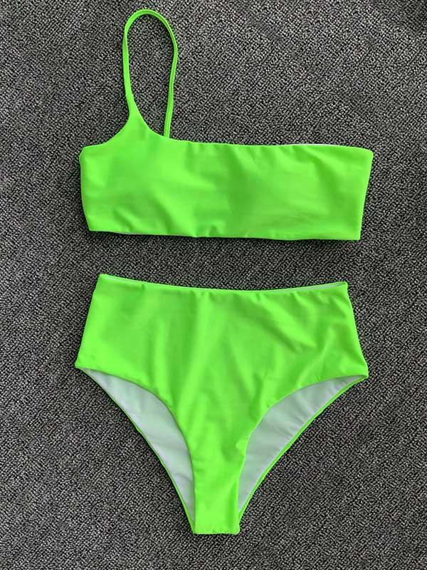 One-Shoulder Solid Color Split Bikini Swimsuit