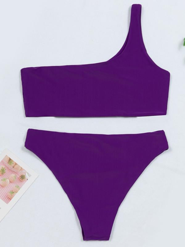 Sexy Single Shoulder Solid Color Split Bikini Swimsuit