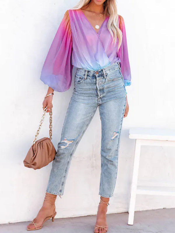 Original Stylish See-Through Gradient Blouse Top