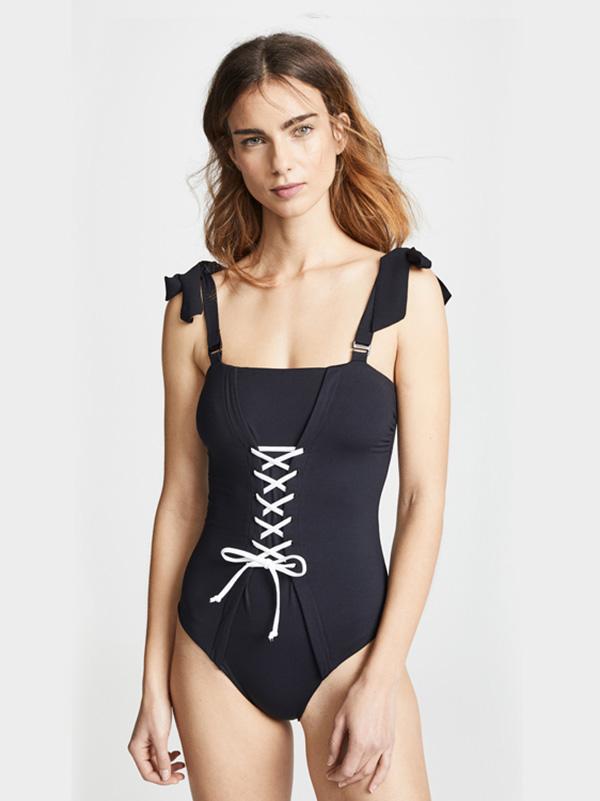 Lace-up Black One-piece Swimwear