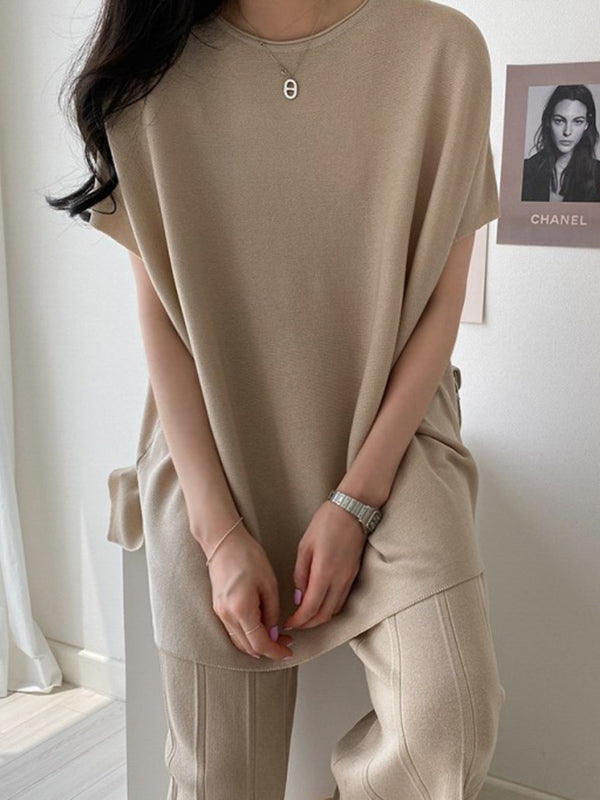 Casual Solid Color Split-Side Round-Neck Batwing Short Sleeves T-Shirt+Pleated Wide Leg Pants 2 Pieces Set