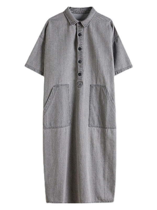 Artistic Retro Split-Joint Lapel Short Sleeves Loose Shirt Dress