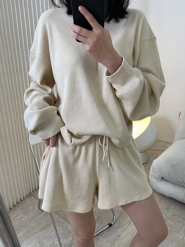 Casual Solid Color Sweatshirts& Drawstring Wide Leg Shorts Suits