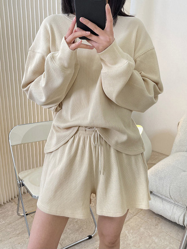 Casual Solid Color Sweatshirts& Drawstring Wide Leg Shorts Suits