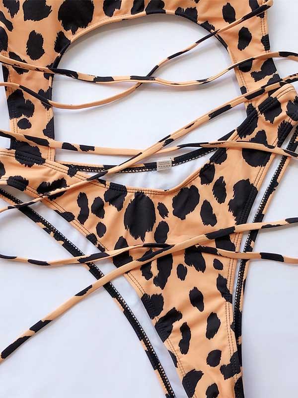 Leopard-Print Hollow Straps One-Piece Swimsuit