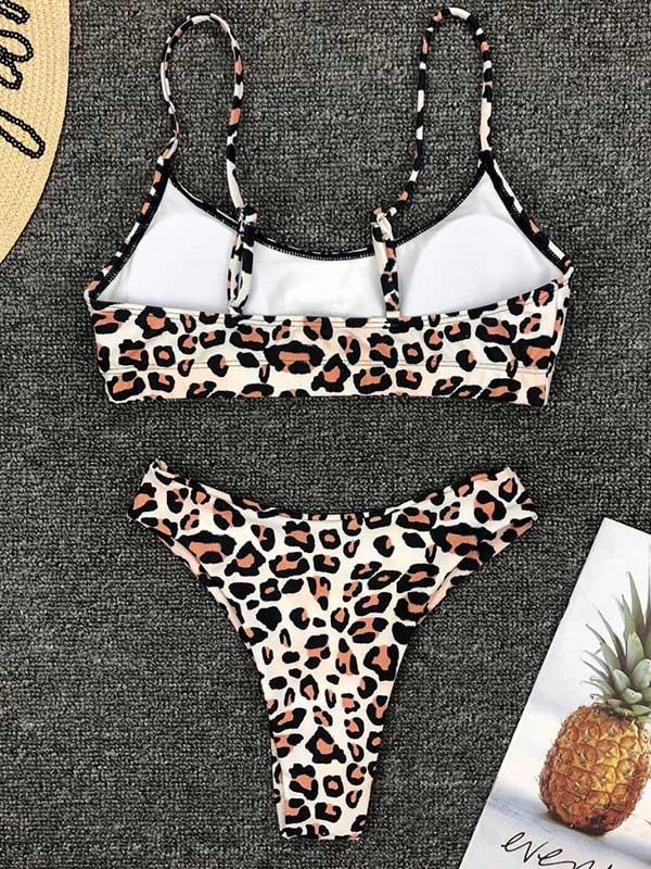 Leopard Plunge Neck Top With Panty Bikini Set