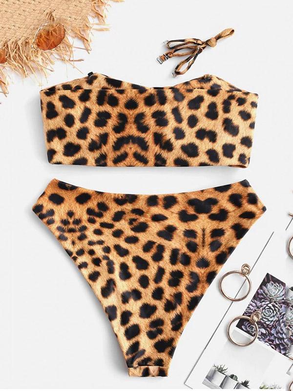 Leopard Print Bandeau Split Bikini Swimsuit