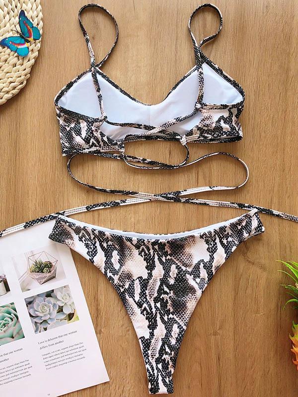 Sexy Bandage Backless Snake Pattern Split Type Bikini Swimsuit