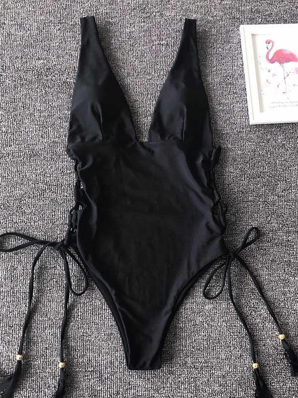 Plain Plunging Lace Up One-piece Swimsuit