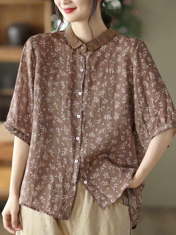 Vintage Loose Floral Printed Half Sleeves Blouse