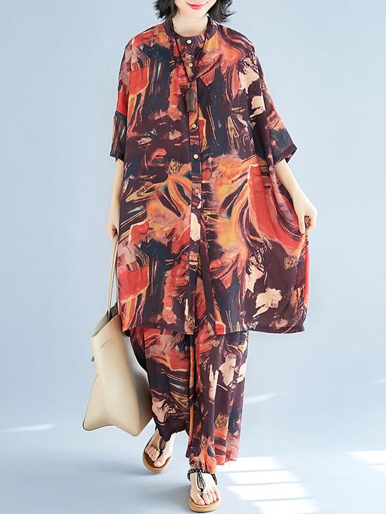 Chiffon Colorful Striped Print Stand Collar Long Blouse+Pants Suits