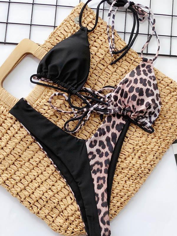 Leopard Stitching Halter Bikini Swimsuit