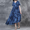 Retro Printing Loose Women Cotton Floral Irregular Splicing Blue Dress
