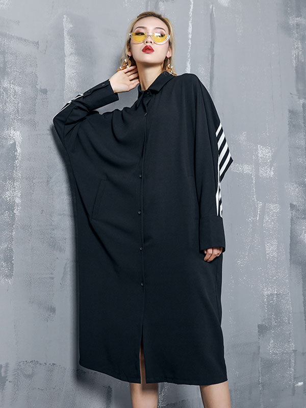 Loose Split-joint Striped Lapel Shirt Dress