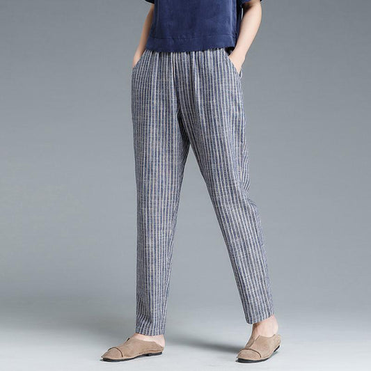 Ankle Length Blue Stripe Literature Cotton Linen Women Pants