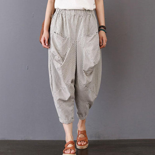 Summer Women Casual Stripe Long Beige Pants