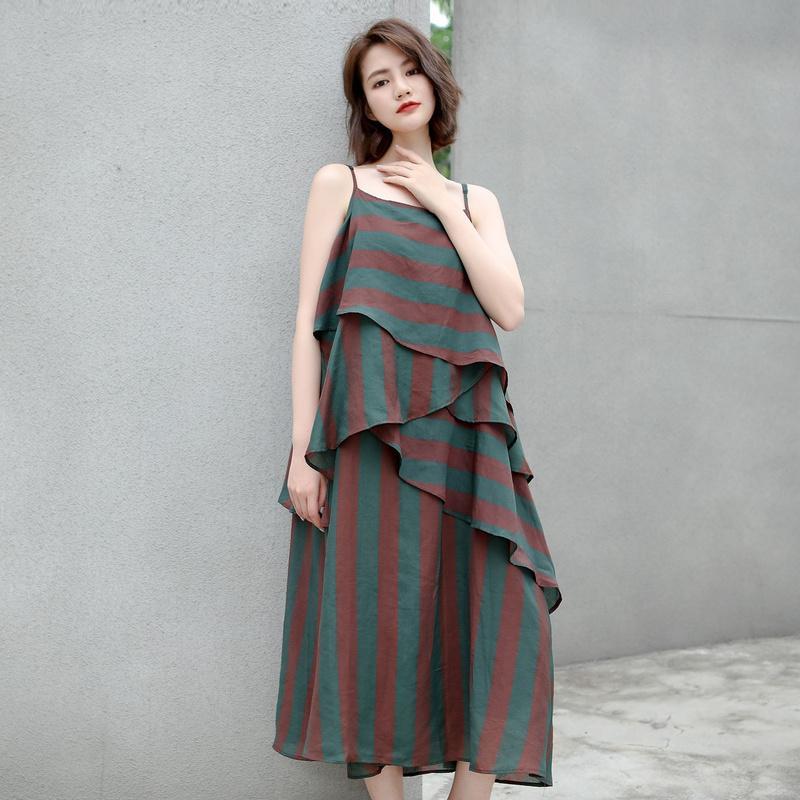 Cotton Vintage Striped Loose Slip Dresses