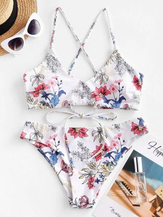 Floral-Print Bandage Backless Split Bikini Swimsuit