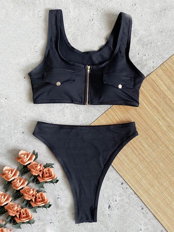 Sexy Low Collar Pockets Zipper Split Type Bikini Swimsuit