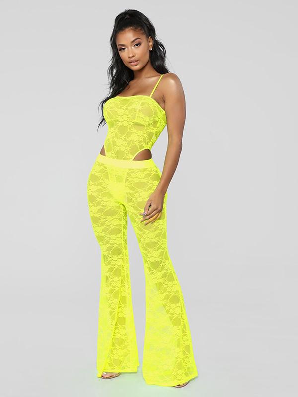 Lace Spaghettti -neck Bodysuits And Flared Pants Suits