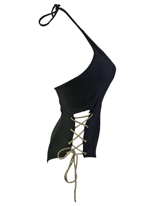 Lace-up Black Backless One-piece Swimwear