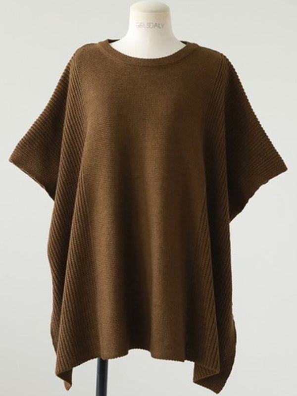 Casual Solid Color Round-Neck Half Sleeves Knitted Sweater Cape Top