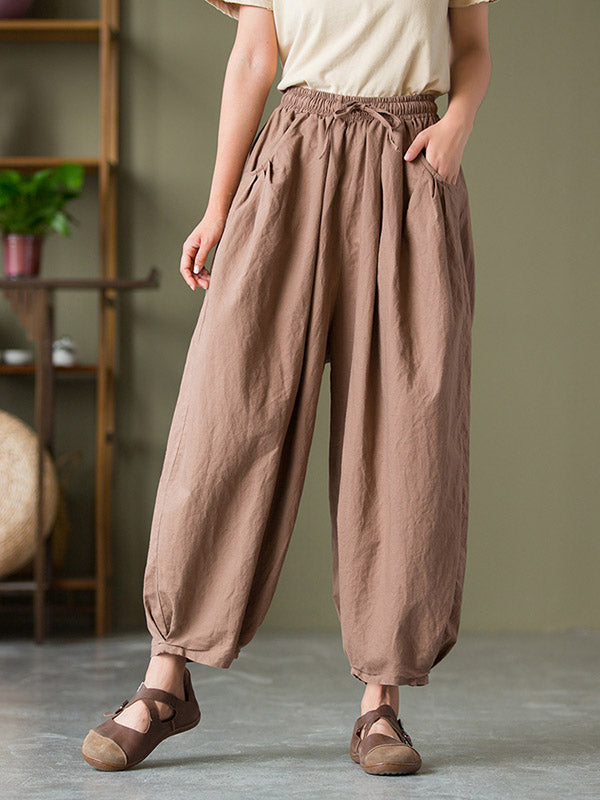 Simple Casual Loose Linen Solid Color Pleated Drawstring Knickerbockers