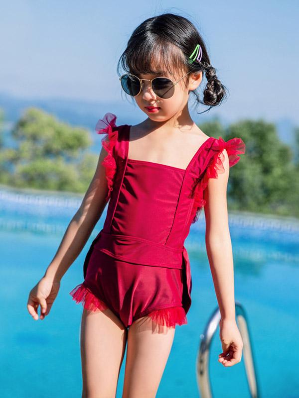 AONIHUA Solid Burgundy Bowknot Girl One Piece