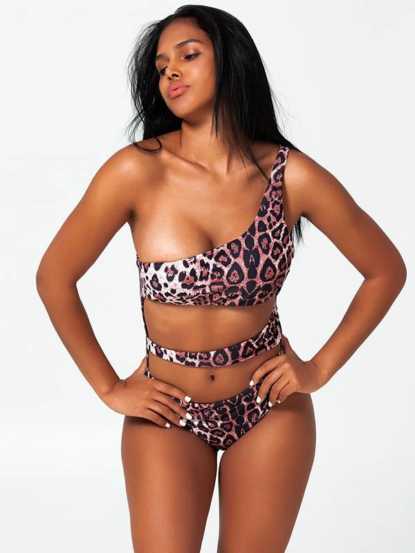 Sexy Single Shoulder Hollow Leopard Print One-Piece Bikini Swimwear