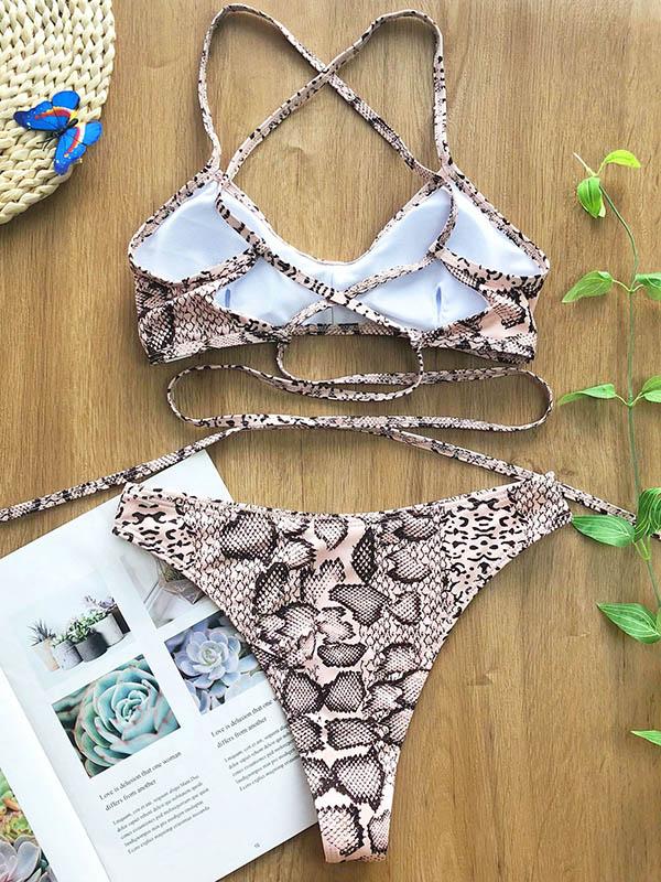 Sexy Bandage Backless Snake Pattern Split Type Bikini Swimsuit