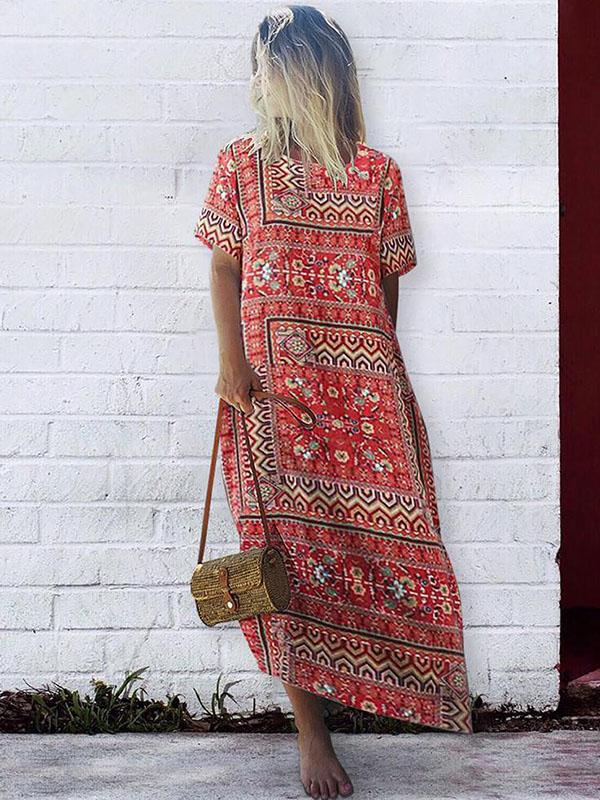 Plus Size Printed Short Sleeves Maxi Dress