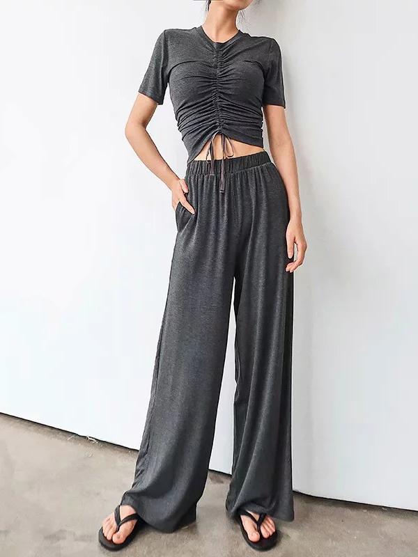 Drawstring Pleated Tees And Wide Leg Pants Suits